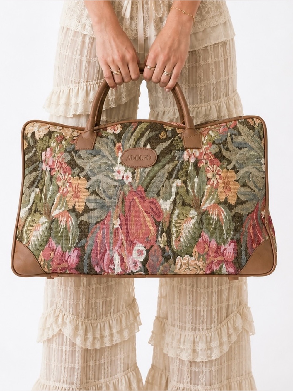 Vintage Adolfo Floral Tapestry Weekender Bag Large Carryall Cottagecore Coastal